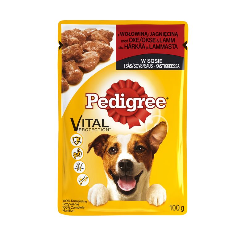 ПЕДИГРЕ ПАУЧ ХРАНА ЗА КУЧЕ СО ГОВЕДСКО И ЈАГНЕШКО МЕСО 100 ГР