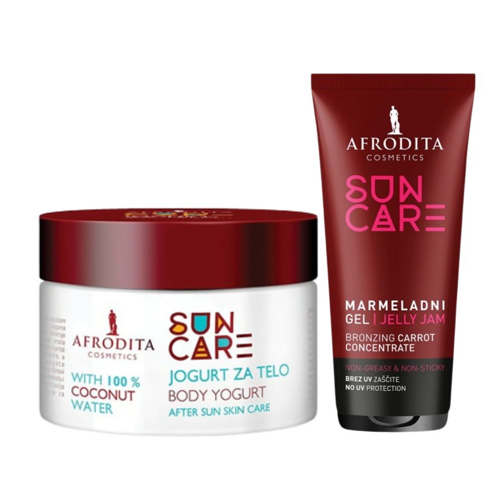 АФРОДИТА САН КЕР ЈОГУРТ ЗА ТЕЛО ЗА ПОСЛЕ СОНЧАЊЕ 200 МЛ + ЏЕЛИ ЈАМ БРОНЗЕНА МАРМЕЛАДА ЗА ТЕЛО 150 МЛ