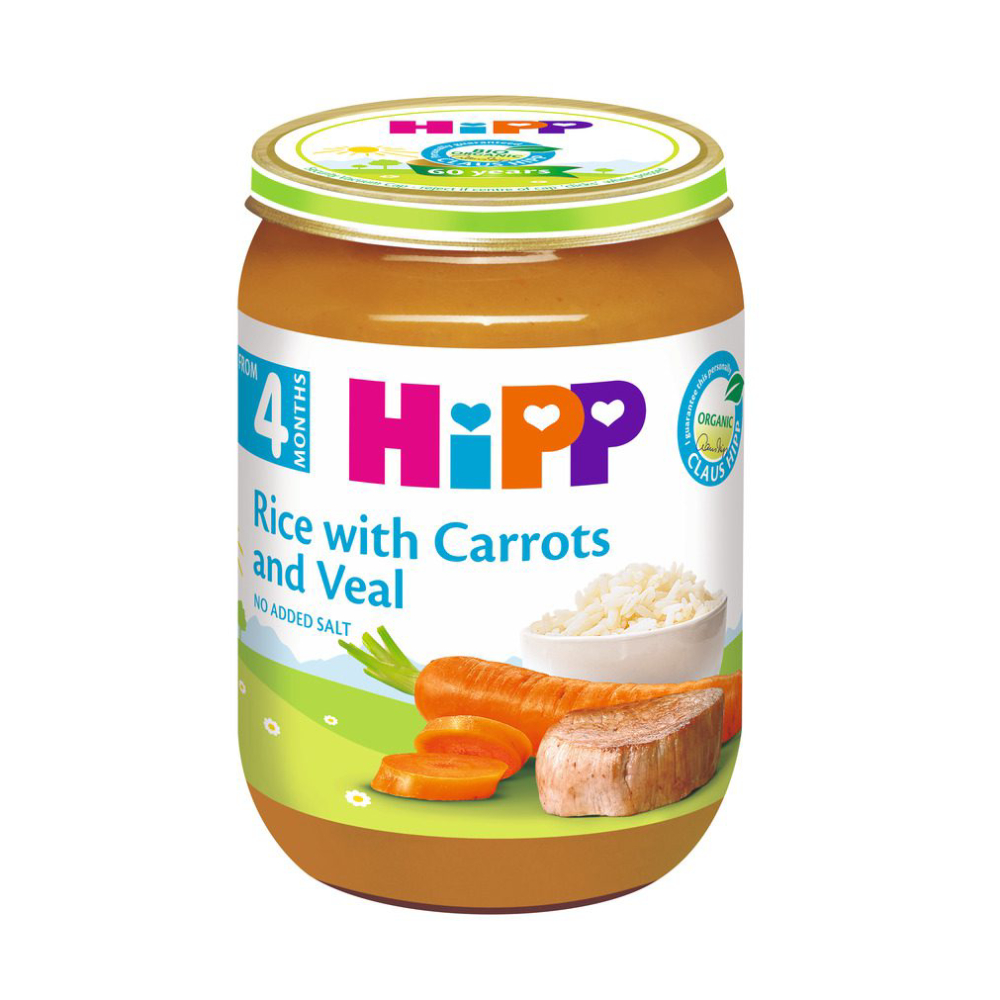 ХИПП ОРГАНСКА КАШИЧКА ЗА БЕБИЊА СО ТЕЛЕШКО МЕСО, ОРИЗ И МОРКОВ 190 ГР