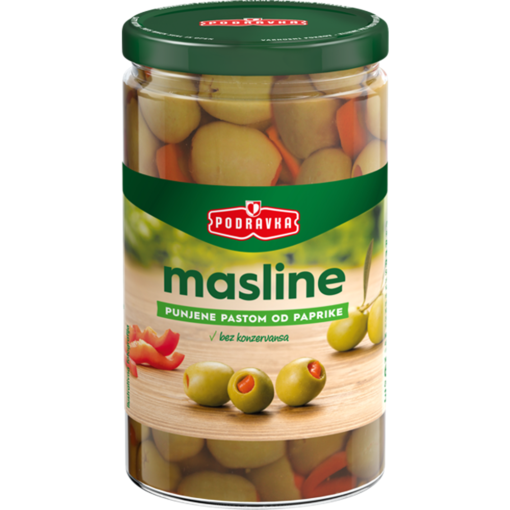 ПОДРАВКА ЗЕЛЕНИ МАСЛИНКИ СО ПАСТА ОД ПИПЕРКА 350 ГР