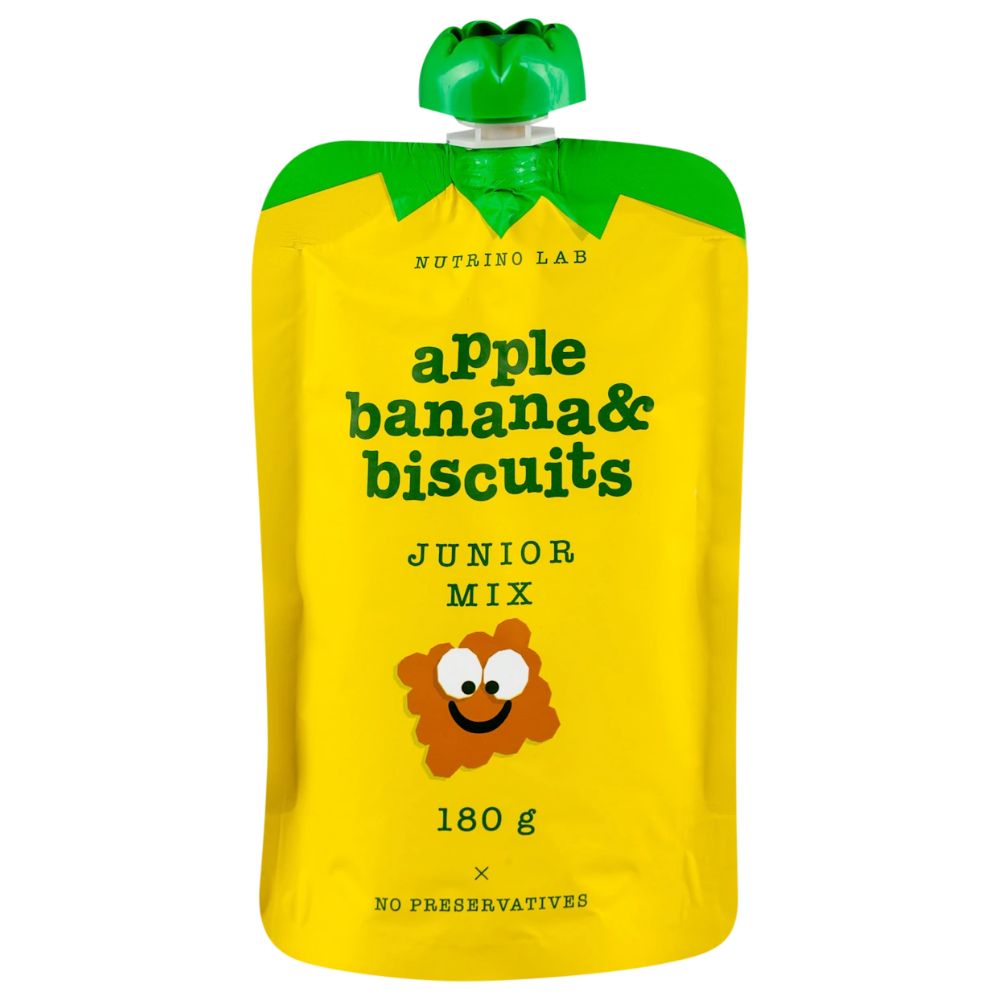 НУТРИНО ЛАБ ЈУНИОР МИКС ОВОШНО ПИРЕ ОД ЈАБОЛКО, БАНАНА И БИСКВИТИ 180 ГР