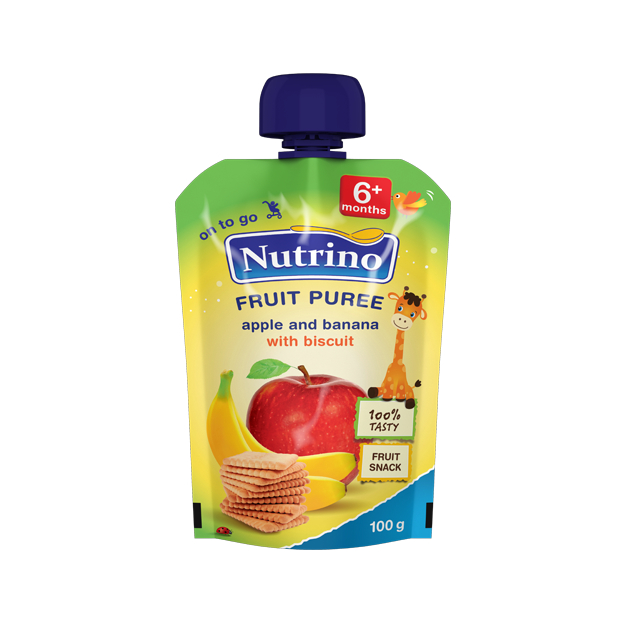 НУТРИНО ОВОШНО ПИРЕ ПАУЧ СО ЈАБОЛКО И БАНАНА СО БИСКВИТ 100 ГР
