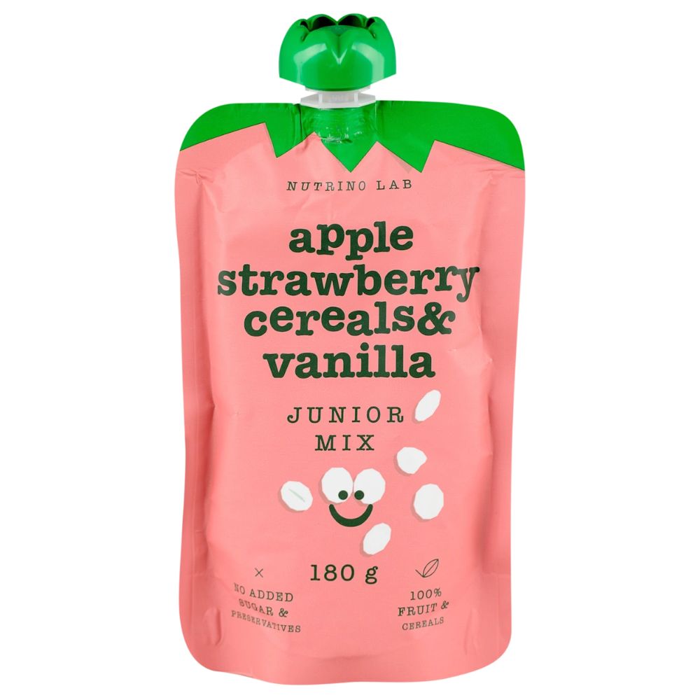 НУТРИНО ЛАБ ЈУНИОР МИКС ОВОШНО ПИРЕ ОД ЈАБОЛКО, ЈАГОДА, ЖИТАРКИ И ВАНИЛА 180 ГР