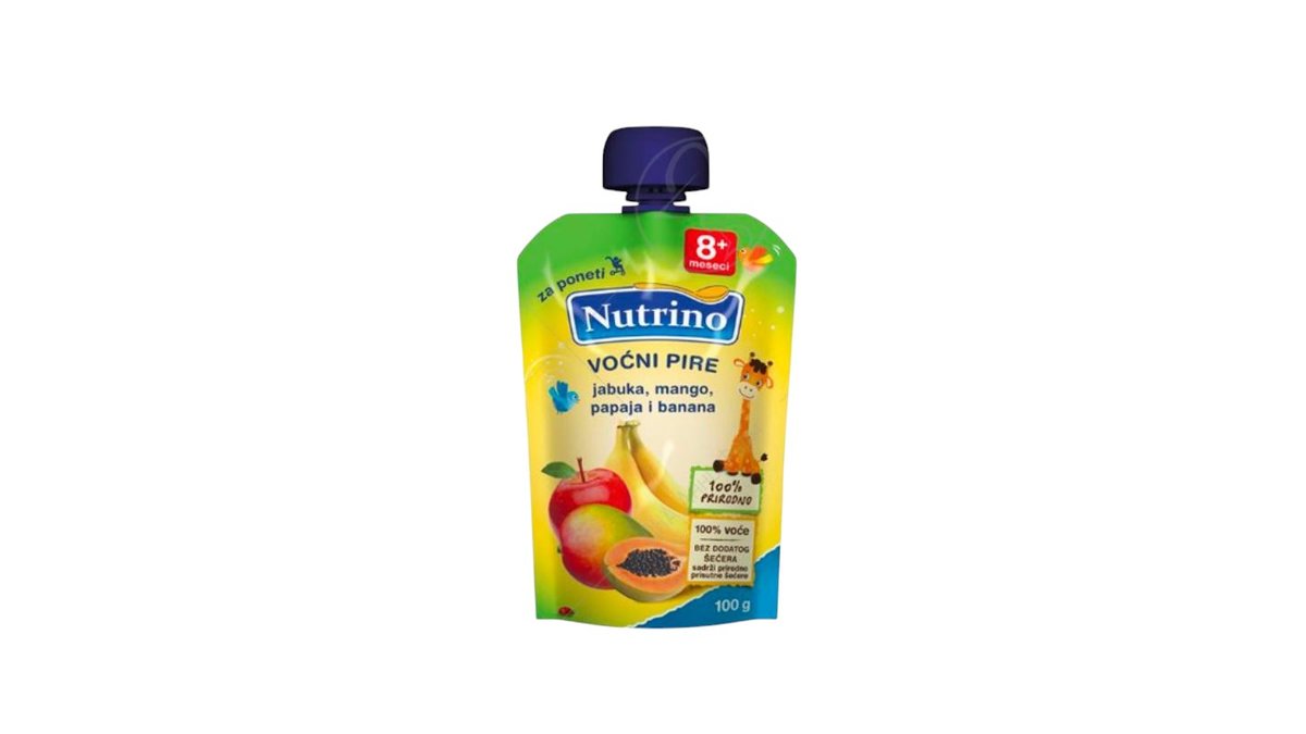 ПИРЕ НУТРИНО ОВОШНО ЈАБОЛКА, МАНГО, ПАПАЈА, БАНАНА 100 ГР