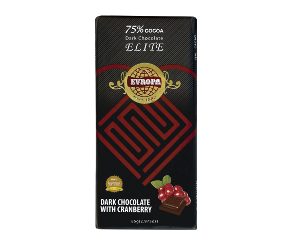 ЕВРОПА ЕЛИТ ТЕМНО ЧОКОЛАДО СО БРУСНИЦА 85 ГР
