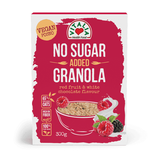 МУСЛИ ВИТАЛИА ГРАНОЛА БЕЛО ЧОКОЛАДО, ЦРВЕНО ОВОШЈЕ 60 ГР