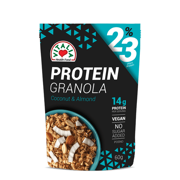 ВИТАЛИА ГРАНОЛА БЕЗ ДОДАДЕН ШЕЌЕР СО КОКОС, БАДЕМ И БЕЛО ЧОКОЛАДО 60 ГР