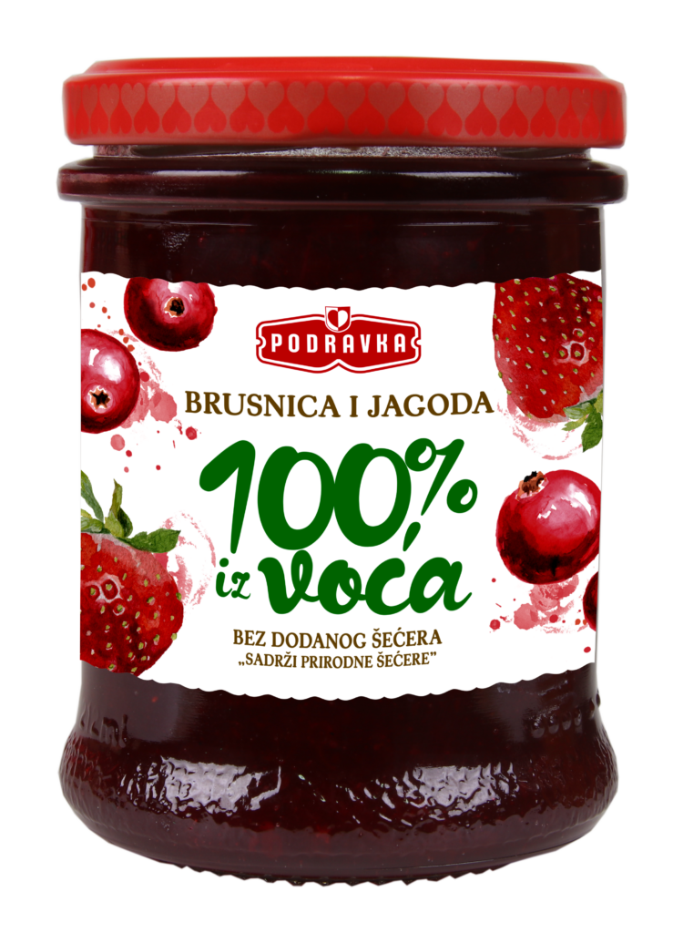 НАМАЗ ПОДРАВКА 100% ОВОШЈЕ СО ВКУС НА БРУСНИЦА И ЈАГОДА 220 ГР