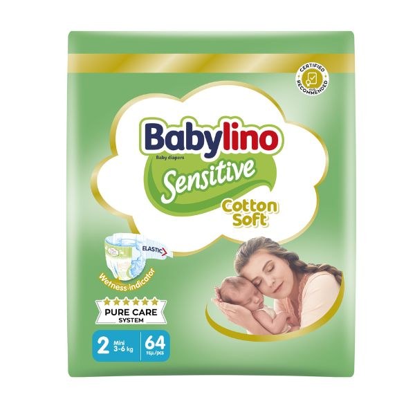BABYLINO Sensitive Cotton Soft Пелени за бебиња бр. 2 (3-6 кг), 64 парчиња