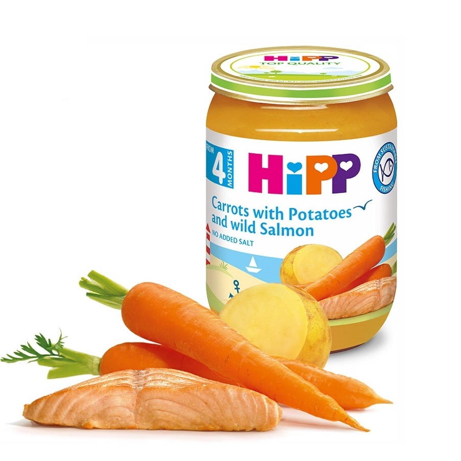 ХИПП ОРГАСКА КАШИЧКА ЗА БЕБЕ СО МОРКОВ, КОМПИР И ДИВ ЛОСОС 190 ГР